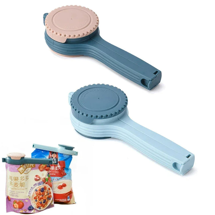 Plastic bag sealers in blue and beige, durable design, shown sealing food packaging.