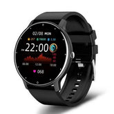 Lige Smartwatch with touchscreen, fitness tracking, black silicone strap, heart rate monitor, and health data display