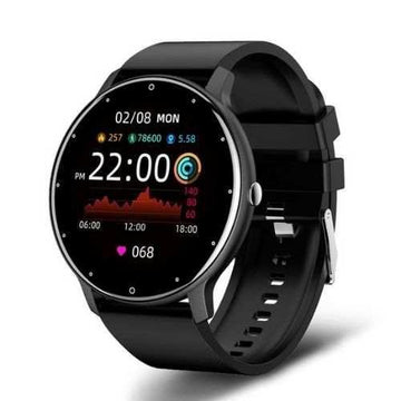 Black silicone band smartwatch with round digital display and fitness tracking features