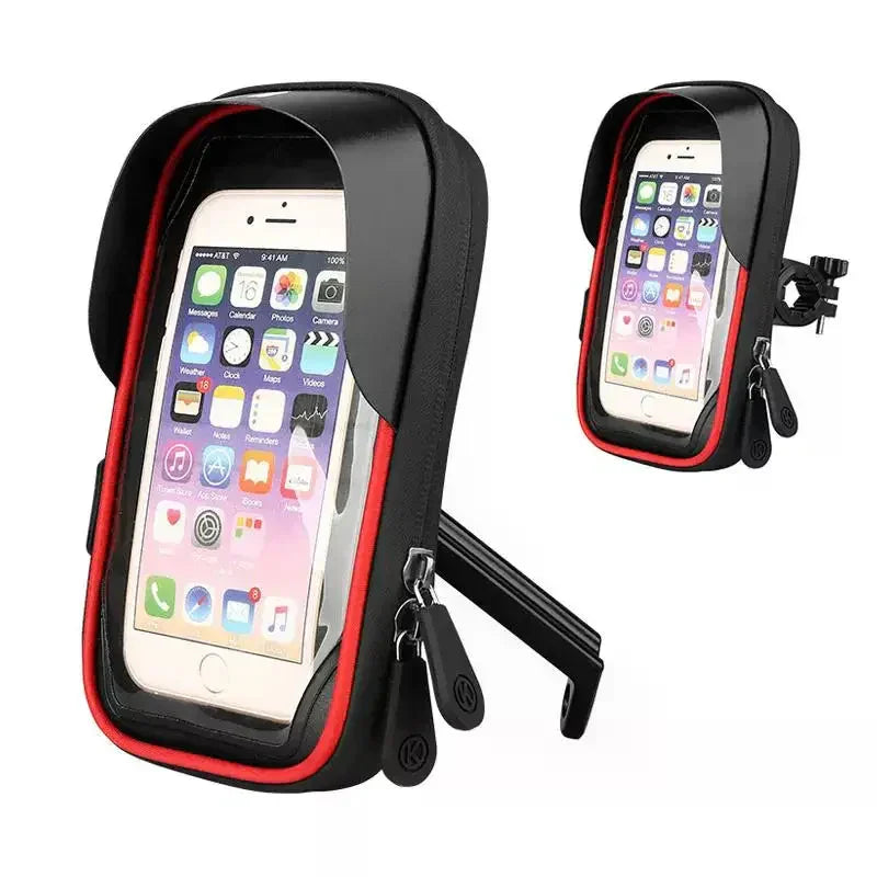 Waterproof black and red bike phone mount with zippered hard case and sun visor