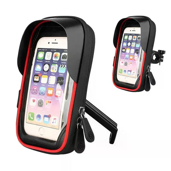 Waterproof black and red bike phone mount with zippered hard case and sun visor