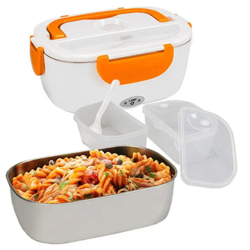 White and orange electric lunch box with stainless steel container, food, lid, and cutlery