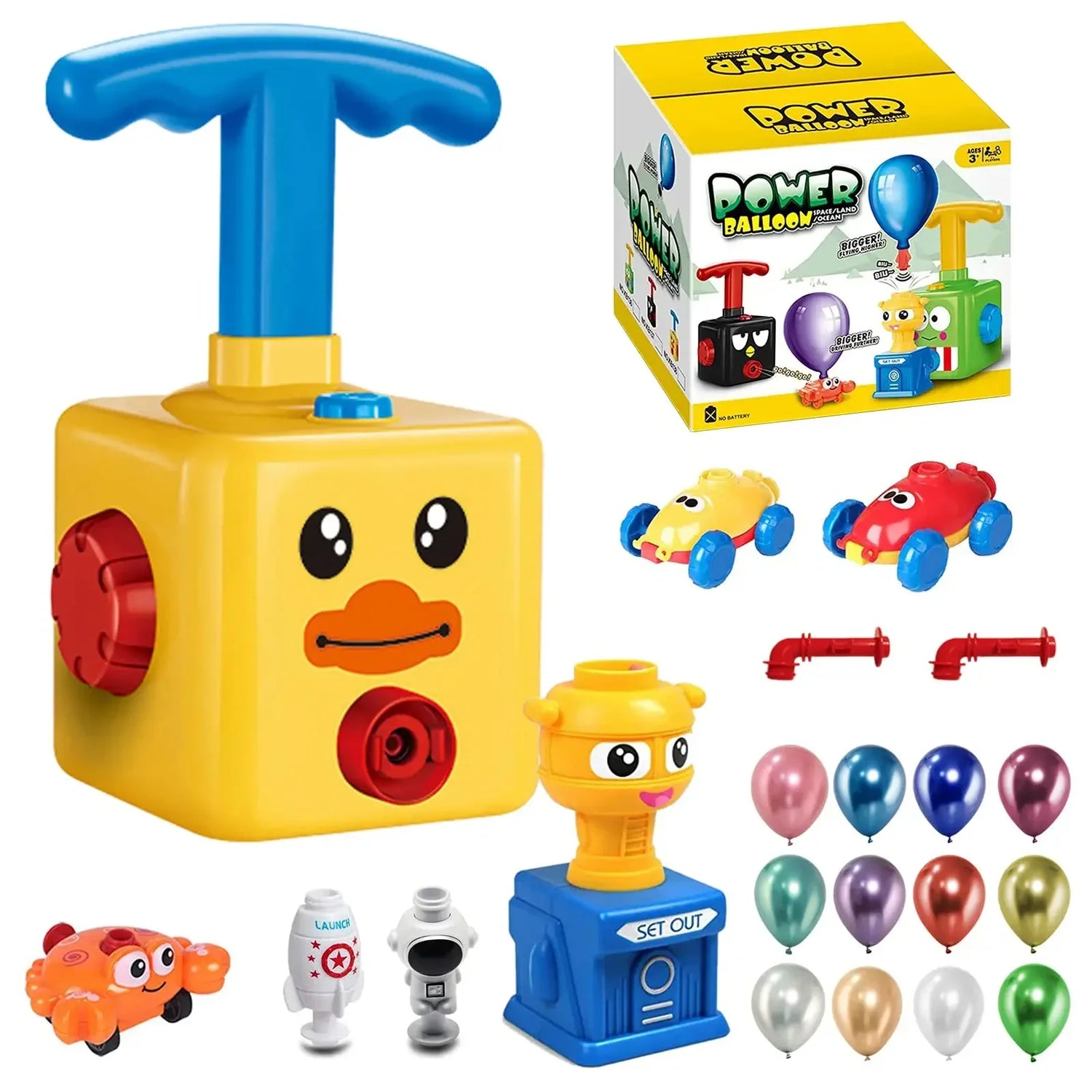 Colorful plastic balloon car toy set with pump, cars, rockets, and multiple balloons.