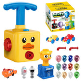 Colorful plastic balloon car toy set with pump, cars, rockets, and multiple balloons.