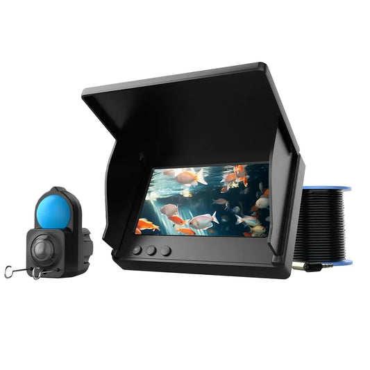 Portable underwater fishing camera with LCD monitor, sunshade, and cable spool