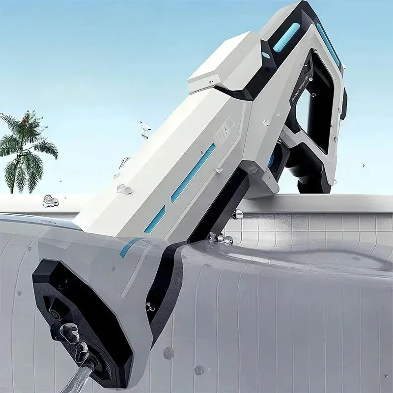 Futuristic white and black water gun with blue accents, modern poolside setting