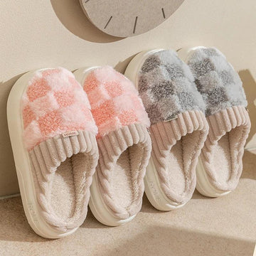 Cozy slip-on slippers in pink and gray plaid, plush material, thick soles, indoor wear