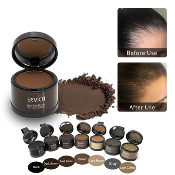 Various shades of hairline powder for root touch-up, shown in round containers with before and after scalp coverage results.
