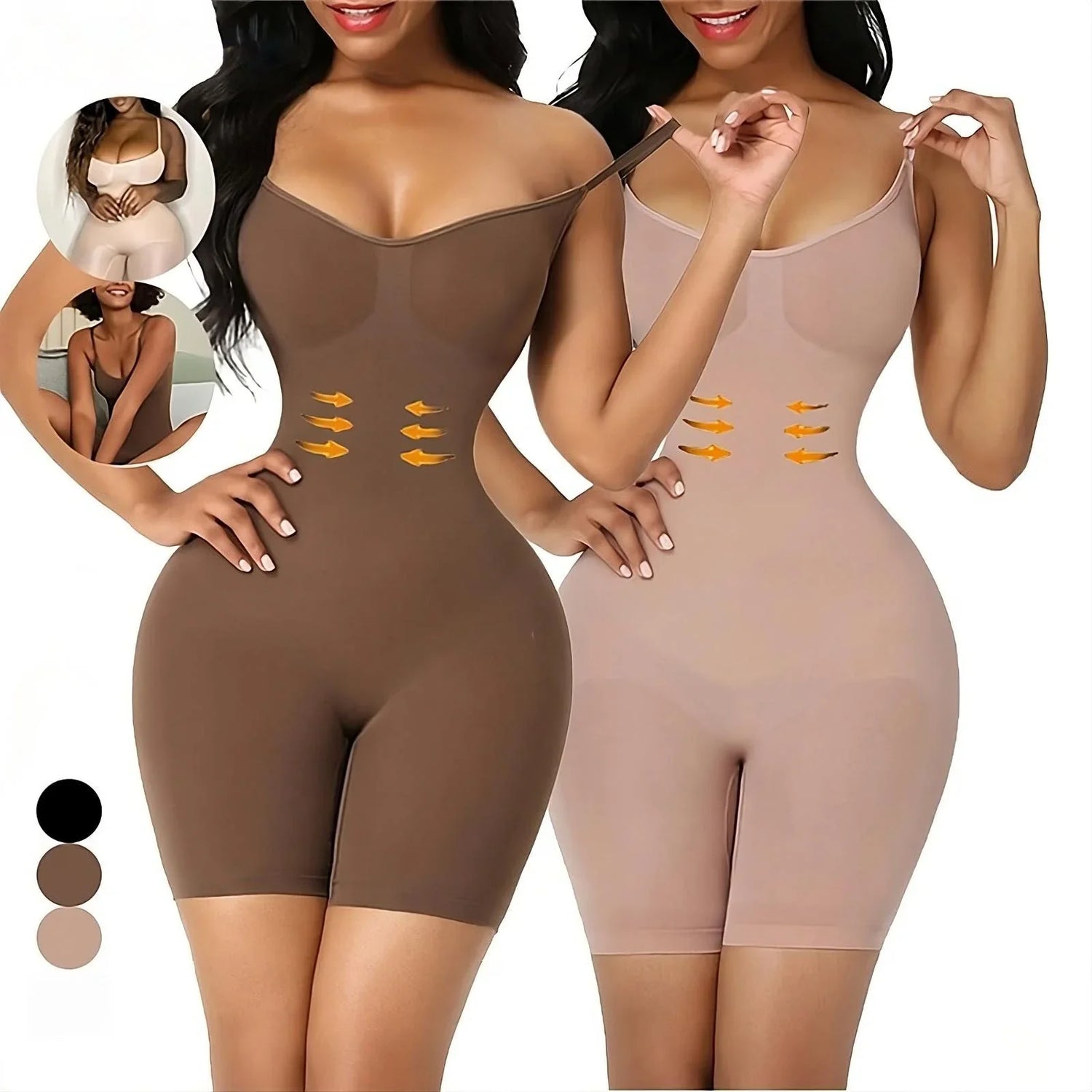 Women modeling seamless shapewear bodysuits in brown and beige, slim fit, stretchy material