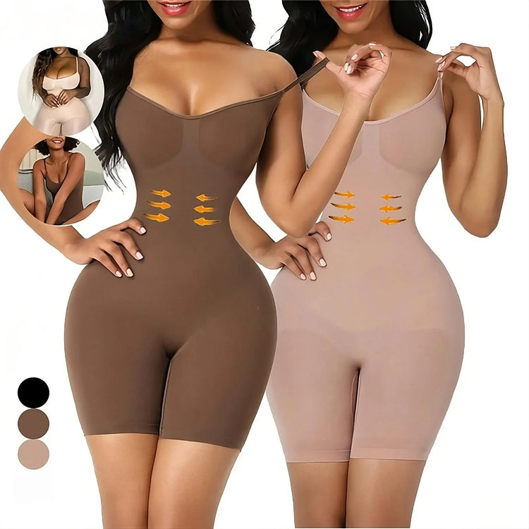 Women modeling seamless shapewear bodysuits in brown and beige, slim fit, stretchy material