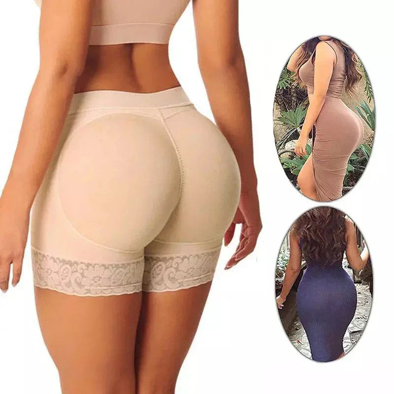 Beige padded high-waist shapewear shorts with lace trim, body-hugging fit, shown under dresses