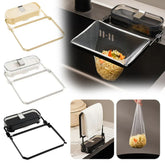 Multi-color sink-mounted mesh strainer for kitchen, holding noodles, with towel rack feature.