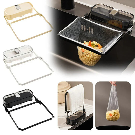 Multi-color sink-mounted mesh strainer for kitchen, holding noodles, with towel rack feature.