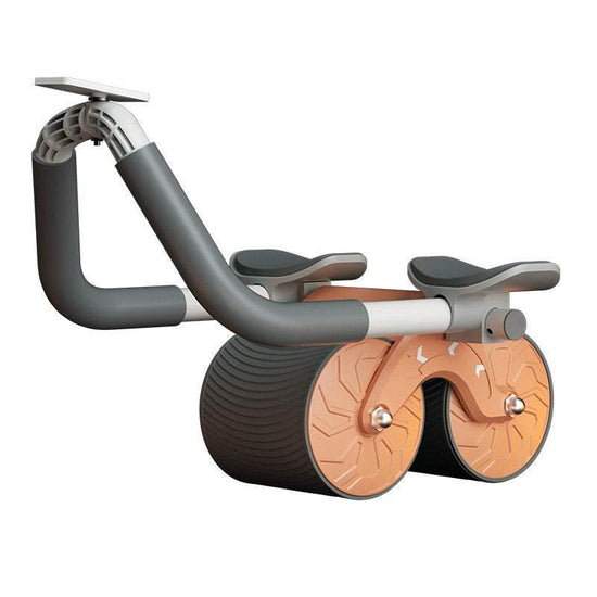 Modern dual-wheel ab roller with ergonomic handles and cushioned knee pads, orange and gray design