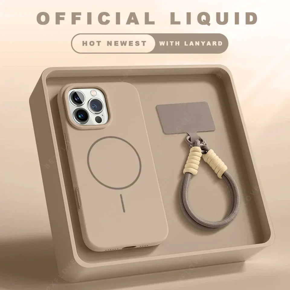 Beige silicone phone case with MagSafe design and matching lanyard in box, modern style