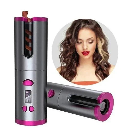 Automatic hair curler in metallic silver and magenta, with wavy hairstyle example