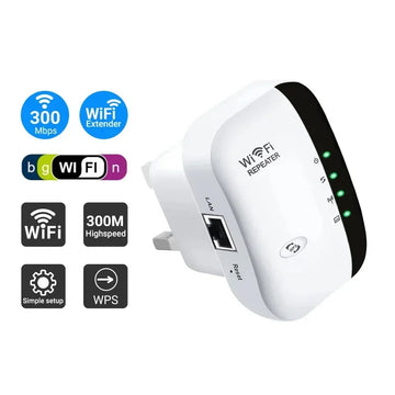 White WiFi repeater and extender with black accents, LED indicators, LAN port, and 300 Mbps speed, designed for easy setup.