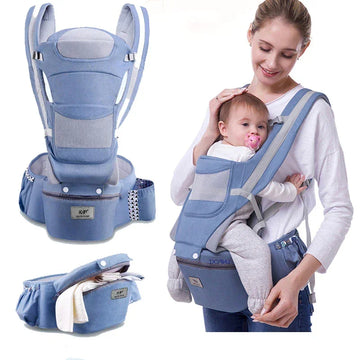 Light blue adjustable baby carrier with mesh panels and ergonomic design, shown worn by a woman with infant.