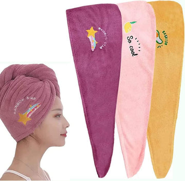 Microfiber hair drying towels in purple, pink, and yellow, soft wrap style, embroidered design