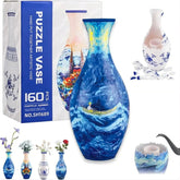 Colorful ceramic-style puzzle vases with artistic blue and multicolor patterns, modern decor.