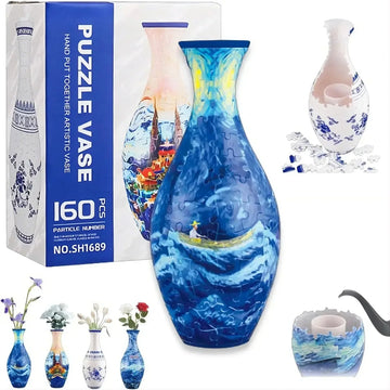 Colorful ceramic-style puzzle vases with artistic blue and multicolor patterns, modern decor.