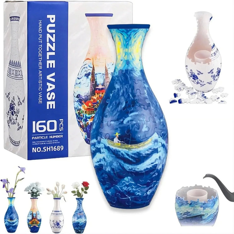 Colorful ceramic-style puzzle vases with artistic blue and multicolor patterns, modern decor.