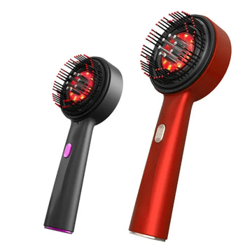 Two handheld electric scalp massager brushes in black and red with LED lights and ergonomic handles.