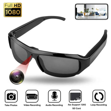 Black futuristic sunglasses with built-in HD camera, matte finish, rectangular frame, sporty fit
