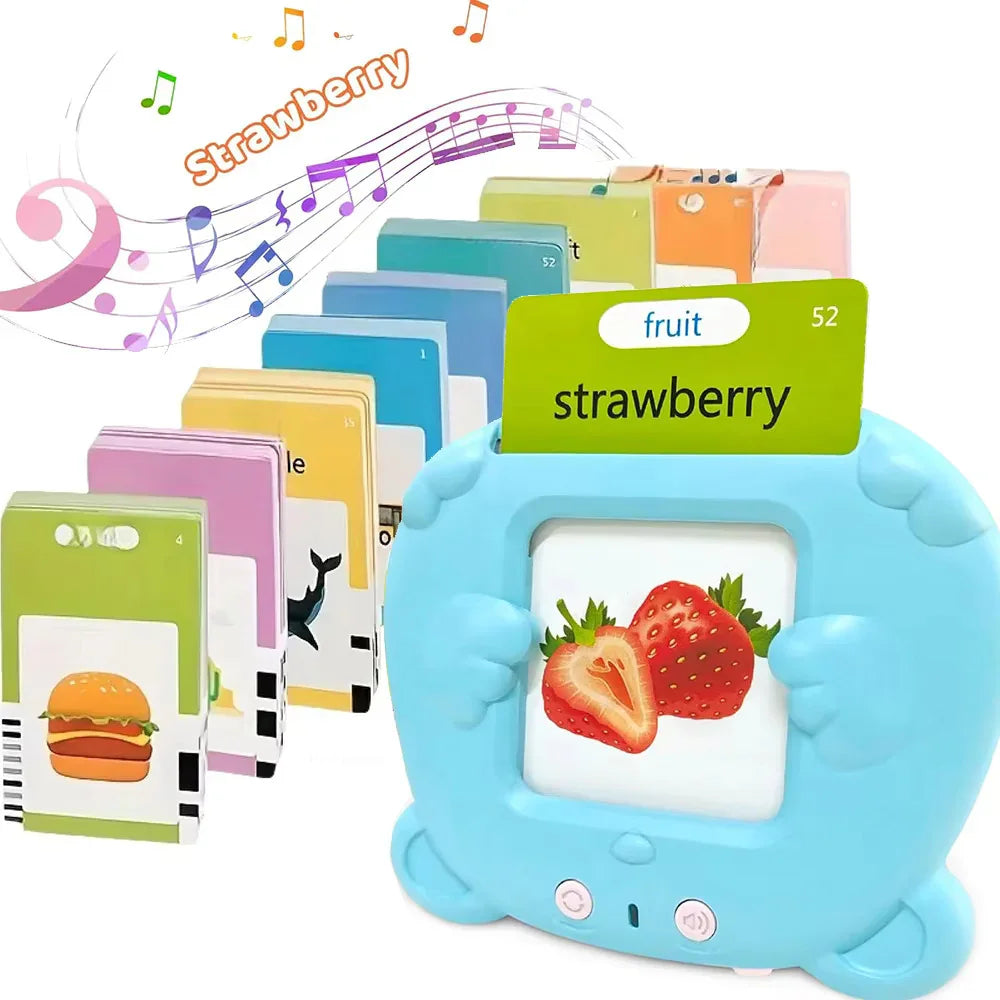 Colorful educational flashcards in a blue plastic reader, featuring a strawberry image.