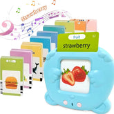 Colorful educational flashcards in a blue plastic reader, featuring a strawberry image.