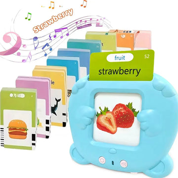 Colorful educational flashcards in a blue plastic reader, featuring a strawberry image.