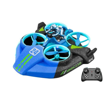 Blue and black futuristic RC hovercraft toy with propellers and remote controller