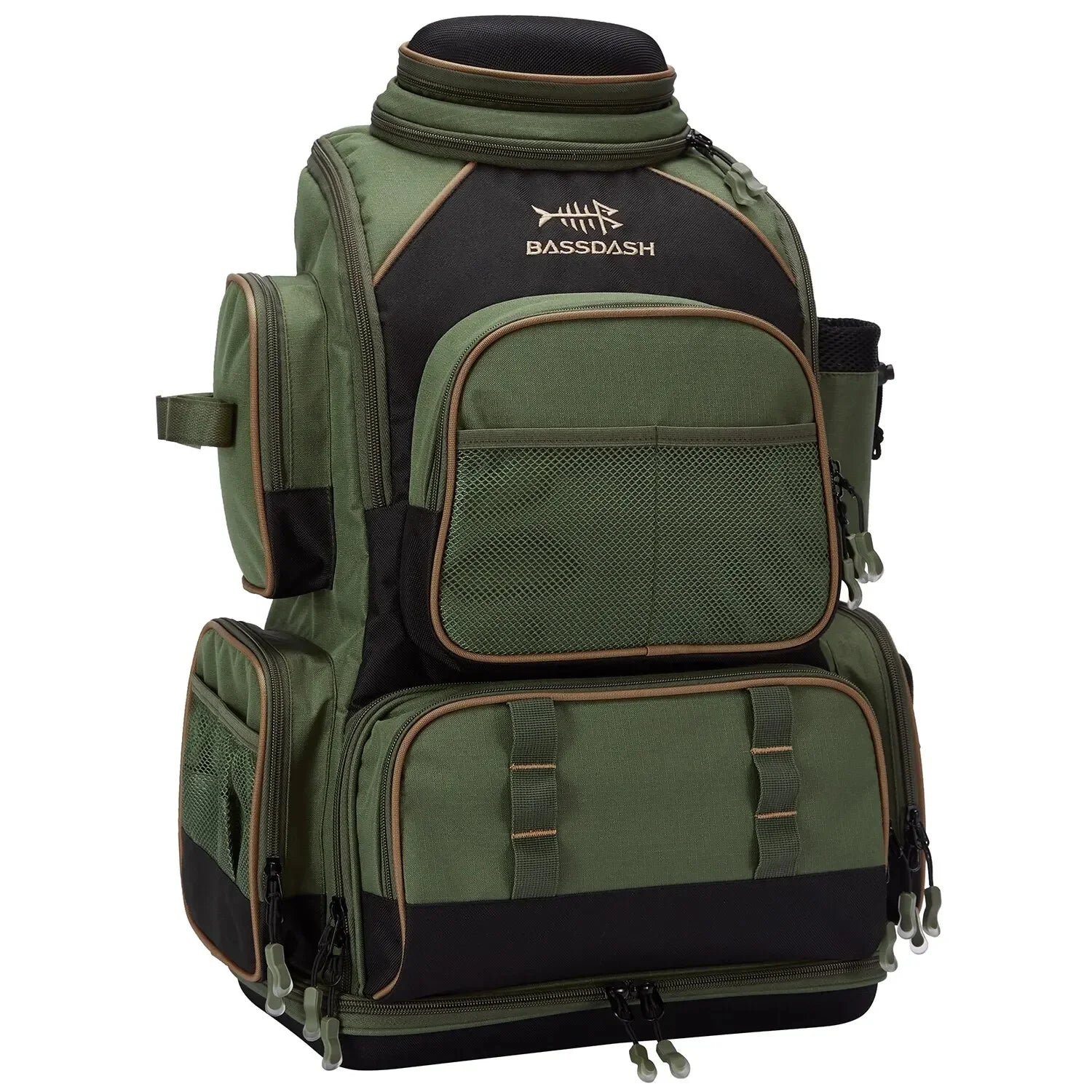 Green and black multi-pocket backpack with mesh panels and durable fabric, structured fit
