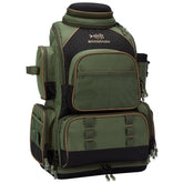 Green and black multi-pocket backpack with mesh panels and durable fabric, structured fit