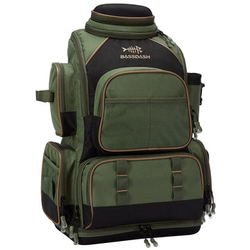 Green and black multi-pocket backpack with mesh panels and durable fabric, structured fit
