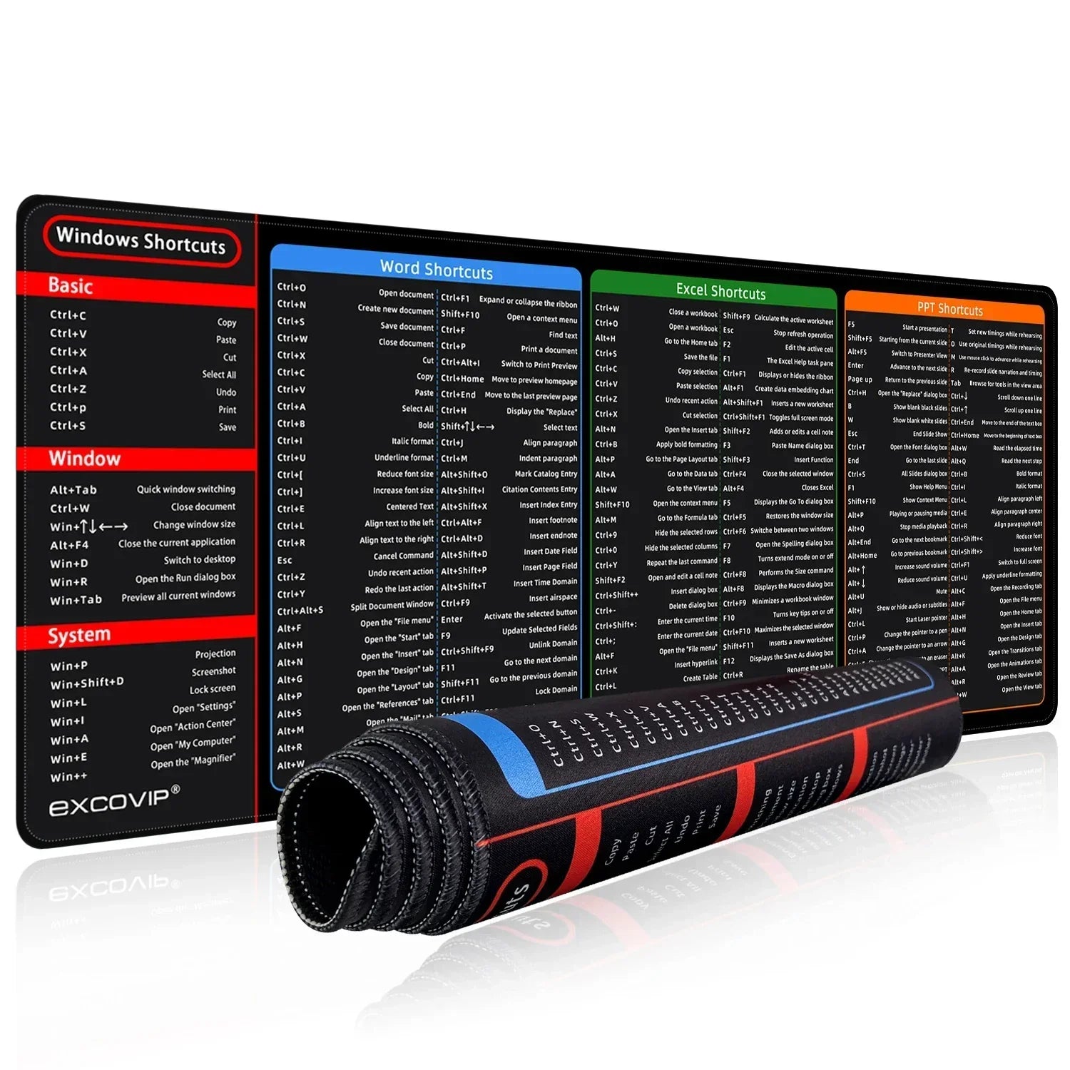 Black extended desk mat with colorful printed Windows, Word, Excel, and PowerPoint keyboard shortcuts