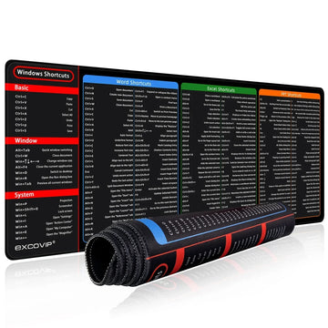 Black extended desk mat with colorful printed Windows, Word, Excel, and PowerPoint keyboard shortcuts