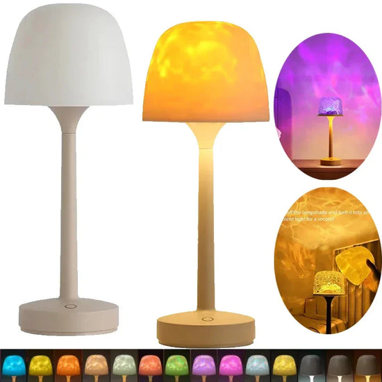 Modern color-changing LED table lamp with dome shade, shown in multiple vibrant light options.