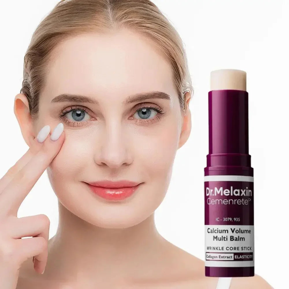 No clothing visible; a woman with clear skin applies a multi balm stick to her face.