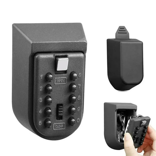 Black wall-mounted combination key lock box with push-button keypad and secure metal case
