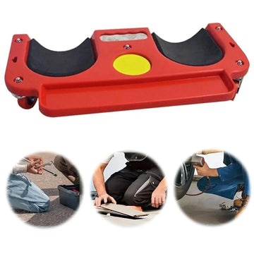 Red ergonomic knee pad with cushioned support and wheels for workwear or mechanics use