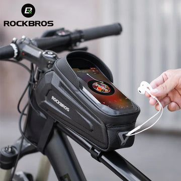 Black textured bike frame bag with phone holder, modern design, slim fit, durable material