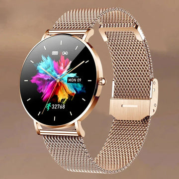 Rose gold mesh band smartwatch with round touchscreen display and step tracker feature