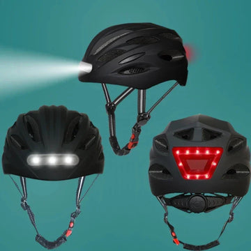 Black cycling helmets with built-in LED front and rear lights, adjustable straps, sleek fit.
