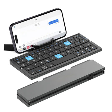 Slim black foldable wireless keyboard with blue accents, shown with smartphone stand