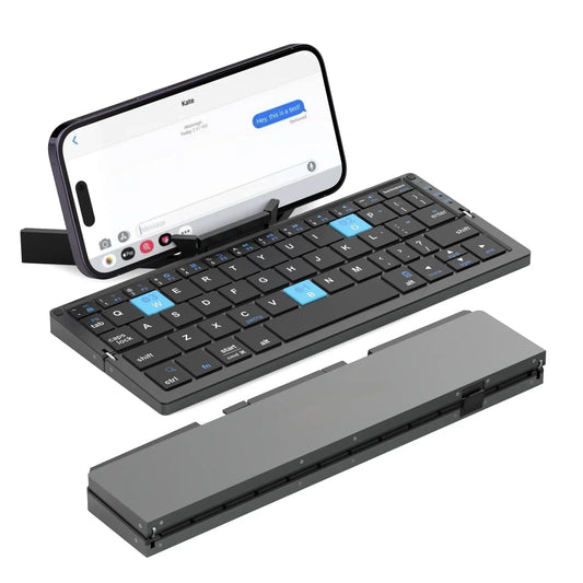 Slim black foldable wireless keyboard with blue accents, shown with smartphone stand
