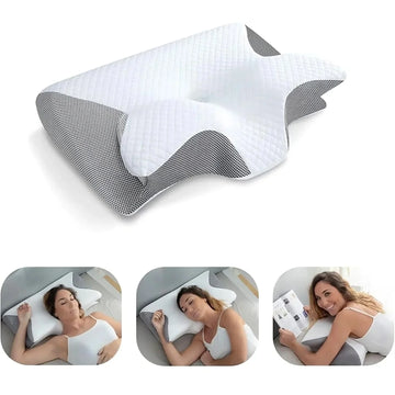 Ergonomic memory foam pillow with white quilted cover and breathable gray mesh sides, shown supporting a woman sleeping on her back, side, and lying on her stomach.