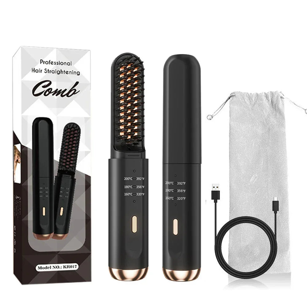 Black hair straightening comb set with USB charging cable, heat settings, and travel pouch.