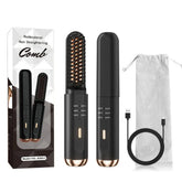Black hair straightening comb set with USB charging cable, heat settings, and travel pouch.