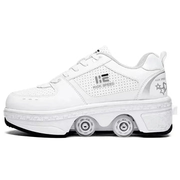White futuristic roller sneaker with perforated leather, chunky sole, and retractable wheels